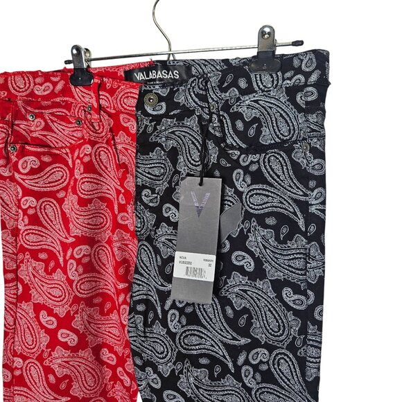 Valabasas Mens Paisley Print Slim Fit Pants 32 Red & Black Split Bandana Stretch - Picture 6 of 12